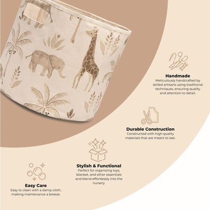 Crane Baby Fabric Round Nursery Storage Basket, Toy Storage, Safari Animal, 13"x12", Toy Basket, Baby Storage Organizer, Toy Organizers and Storage Bins, Baby Organizers and Storage, Toy Bins