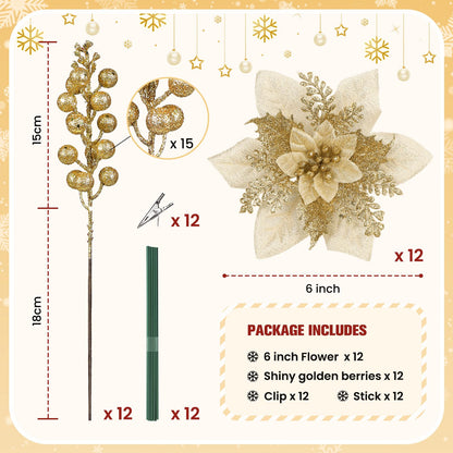 Alupssuc 24 Pieces Christmas Tree Decorations, 12 PCS Gold Poinsettia Flowers Artificial and 12 PCS Glitter Christmas Tree Picks for Christmas Decorations Party Wreath Fireplace Stairs, Gold