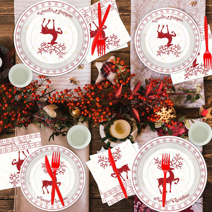 Xionpe 140-Pc Christmas Disposable Tableware Set for 20 Guests - Reindeer Themed Party Supplies with Dinner Plates, Dessert Plates, Napkins, Cups, Forks, Knives & Spoons