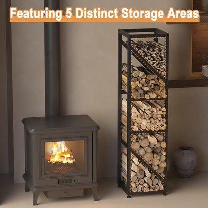 Wakeyard 47 Inch Tall Indoor Firewood Rack Outdoor, 5-Tier Functional Fireplace Log Holder, Heavy Duty Metal Firewood Storage Rack, Decorative Log Organizer, Anti-Rust Coating, Adjustable Pads