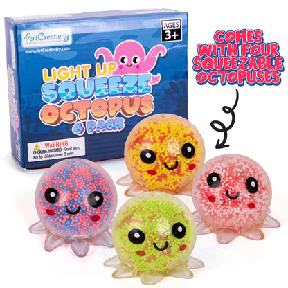 ArtCreativity Jumbo Light Up Squishy Octopus Toys – Set of 4 Fidget Sensory Toys for Kids & Adults – Glow in The Dark Toys for Autism, ADHD, Anxiety, Party Favors & Classroom Rewards