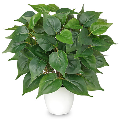 Artificial Pothos Plants in White Pot - 15.7" Fake Philodendron Plant Indoor Silk Faux Pothos Plants Faux Greenery Potted Small Artificial Potted Plant for Office Desk Shelf Bathroom Home Decor