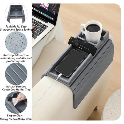 HNLISA Bamboo Couch Cup Holder Arm Tray，Foldable Couch Drink Holder Armrest Table，Sofa Arm Rest Tray，Flexible Arm Chair Table Recliners for Drink,Cups, Snacks, Phone, Remote (Grey)
