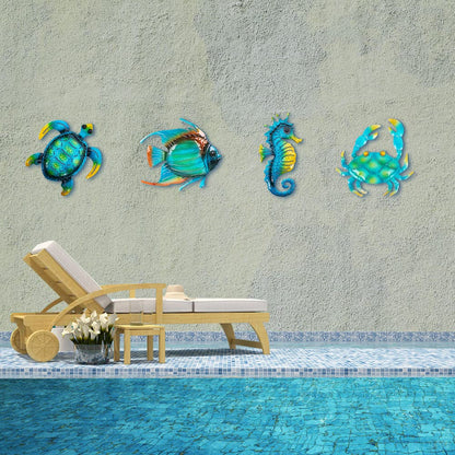 dreamskip Metal Beach Wall Decor Art, Ocean Themed Sea Turtle Fish Seahorse Crab Coastal Wall Sculpture, Nautical Outdoor Decor For Garden, Fence, Patio, Pool, Bathroom (4 Pcs)