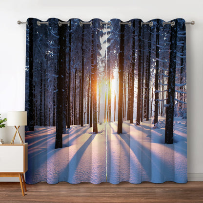Jekeno Winter Snowy Forest Blackout Curtains Trees Woodland Sunset Landscape in Cold Weather Nature Scenery Decor for Bedroom Living Room Grommet Window Drapes 2 Panel Set, 52"x63"
