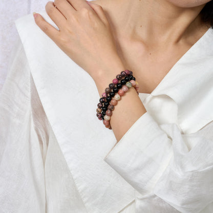Bivei 3-Piece 4mm Beaded Bracelets for Women – Plum Blossom Jade, Rhodonite, Black Obsidian – Handmade Natural Crystal Stretch Elastic Jewelry for Meditation, Yoga, Protection Gifts