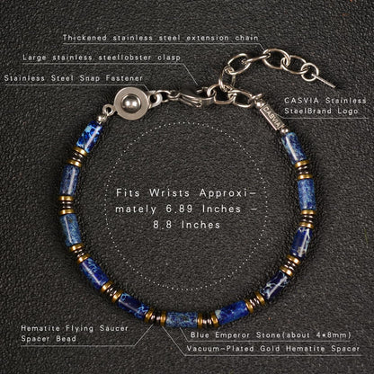 Casvia Blue Sovereign Men's Chakra Bracelet, Handcrafted Blue Emperor & Hematite Beads, Adjustable Stainless Steel Dual Clasp, Thickened Wire Gift for Dad Boyfriend Husband