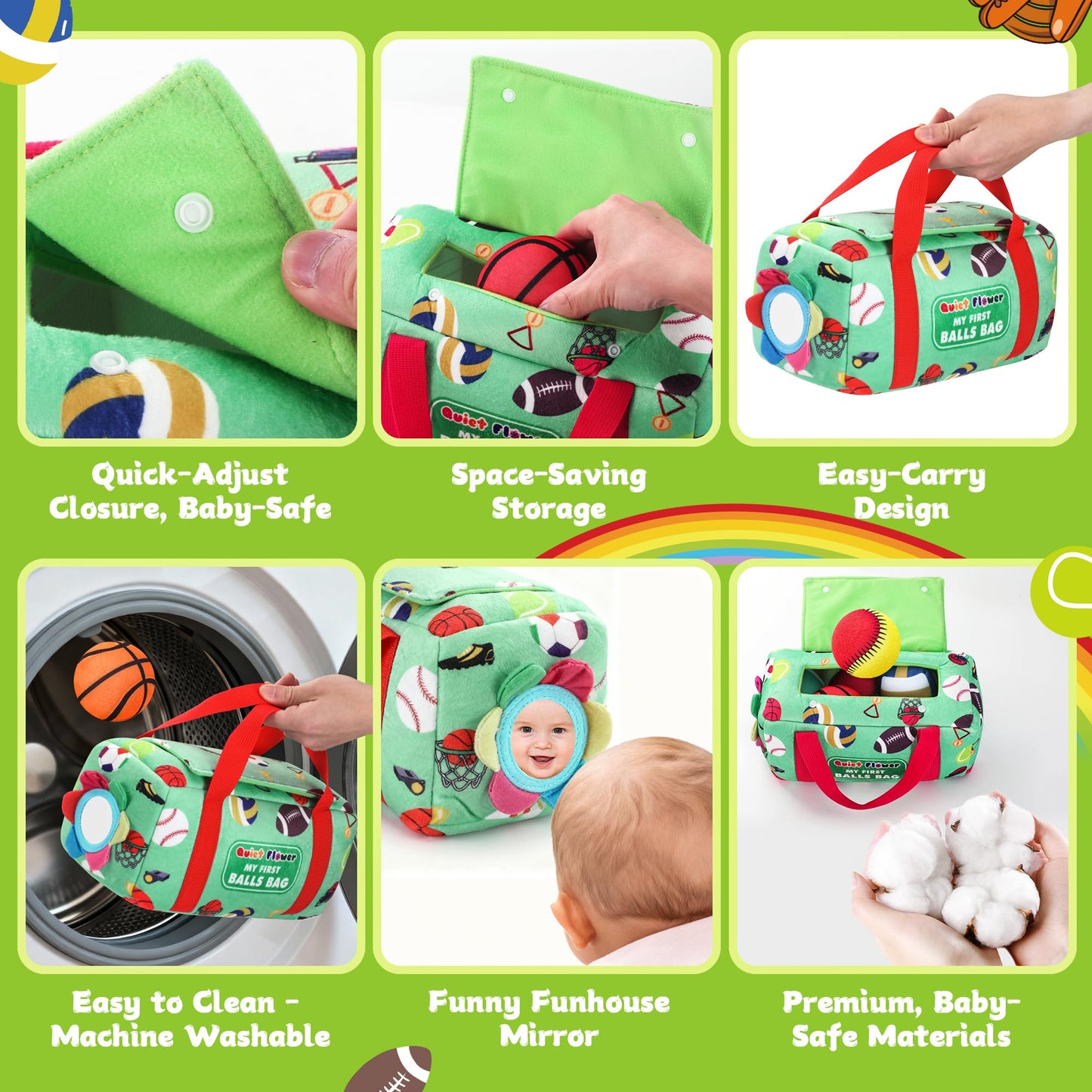 My First Sports Bag 6-12 Months Baby Tissue Box Toy, 17pcs Montessori Sensory Set: Plush Ball, Crinkle Paper, Scarves & Mirror, Squeaky Fine Motor 1 Year Old Infant Toddler Gifts Easter Basket Stuffer