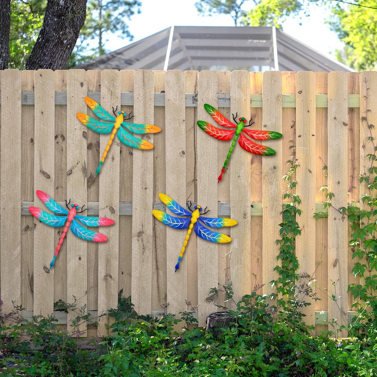 Metal Dragonfly Wall Decor, 4 Pack 13 inch Metal Dragonflies Wall Hanging Sculpture Decorations for Outdoor, Yard Patio Fence Garden Outside Exterior Decor