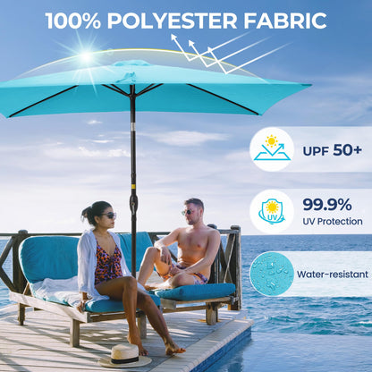 SUNVIVI OUTDOOR 6.5 x 10 Ft Rectangular Patio Umbrella Metal Pole, Outdoor Table Market Umbrella with Crank, 6 Steel Ribs, Polyester Canopy, Turquoise
