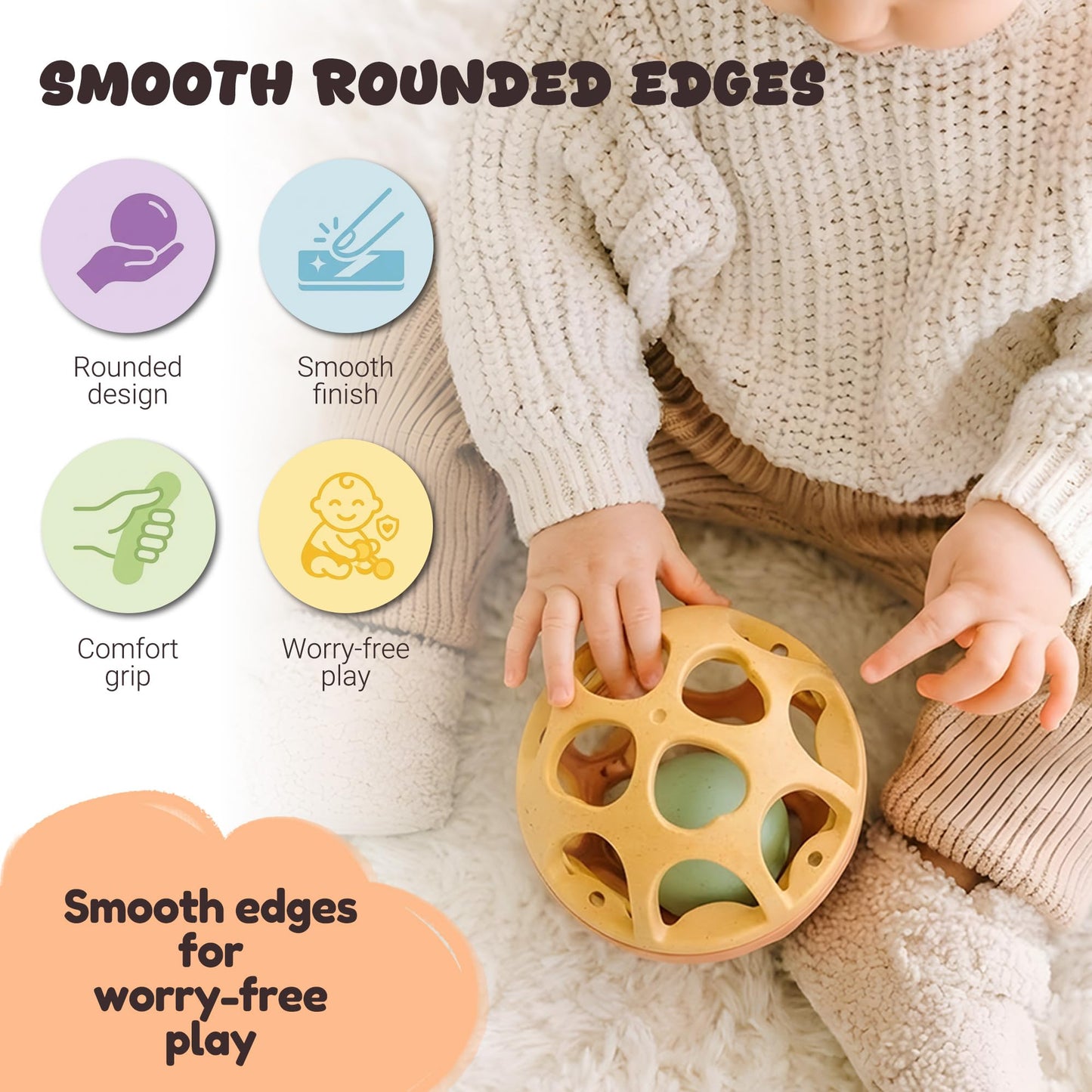 ROHSCE Sensory Rattle Balls Textured, Baby Teething Sensory Montessori Toys Soft Chew Toy with Rattles for Babies, Safe Wheat Straw Travle Toys, Developmental Newborn Baby Toys 6 to 12 Months, Yellow