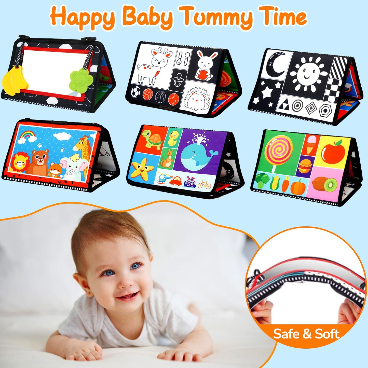 Baby Mirror Tummy Time Toys 0-6 Months with Crinkle Cloth Books Infant High Contrast Newborn Sensory Black and White Toy for 0-3 4 5 6 Months Must Haves Babies 3-6 6-12 Month Boy Girl Shower Gifts