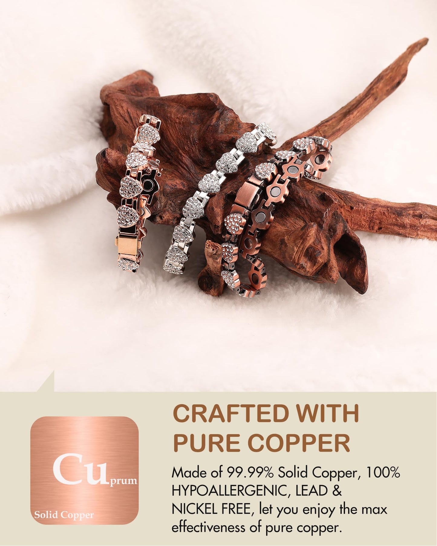 Feraco Copper Bracelets for Women, Ultra Strength Magnetic Bracelet with 3800 Gauss Neodymium Magnets & Dazzling Cubic Zirconia, Pure Copper Jewelry Gift, Heart Shape (Rose Gold)
