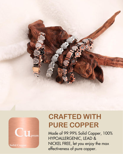 Feraco Copper Bracelets for Women, Ultra Strength Magnetic Bracelet with 3800 Gauss Neodymium Magnets & Dazzling Cubic Zirconia, Pure Copper Jewelry Gift, Heart Shape (Rose Gold)