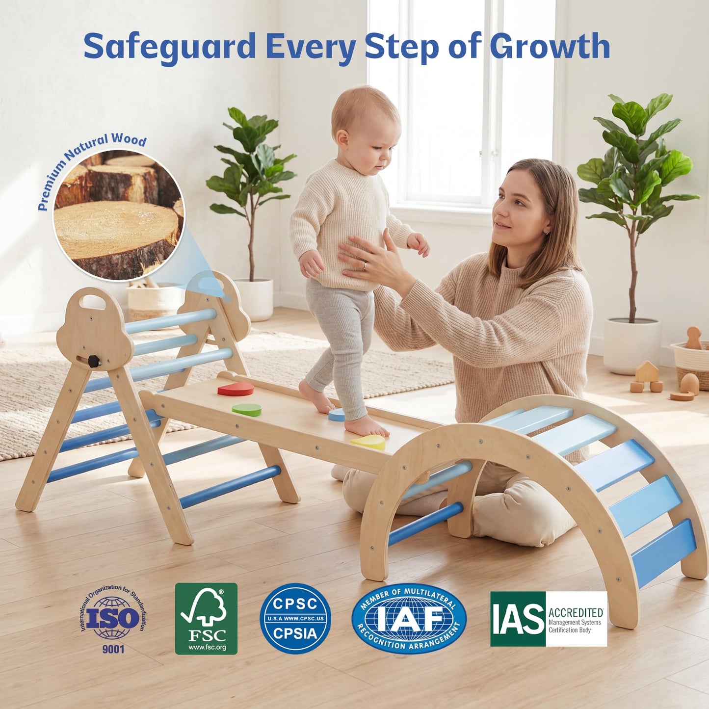 bbgroundgrm 8-in-1 Wooden Climbing Set for Toddlers with Cushion, Foldable Montessori Indoor Climber with Arch, Ramp and Triangle Ladder, Natural Wood Play Gym for Kids 1-3
