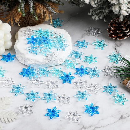 BOARDFEB 120Pcs Winter Acrylic Snowflake Ornaments 3D Blue Translucent Snowflake Crystals Gems Christmas Xmas Pendant Beads DIY Crafts for Vase Filler, Party Wedding Arts Crafts Decoration