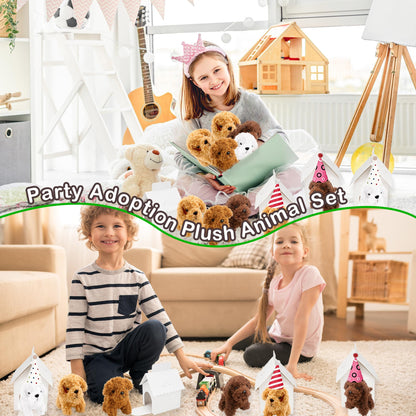 Norcoin 16 Set Mini Plush Dog Set Include Stuffed Puppy Dog House Paper Boxes Hat Stuffed Animal Toy for Adopt a Pet Theme Birthday Party Favor Gifts