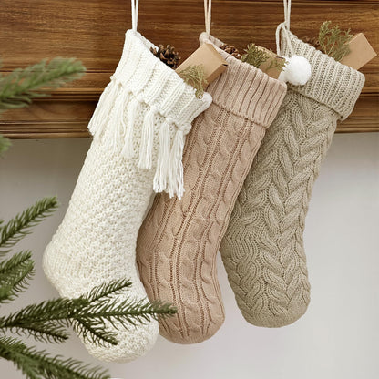 Farmhouse Personalized Knitted Christmas Stockings, 3 Packs 18 inche Knit Christmas Stockings, Rustic Farmhouse Boho Style Stocking Decorations for Family Holiday Season Decor, White & Beige