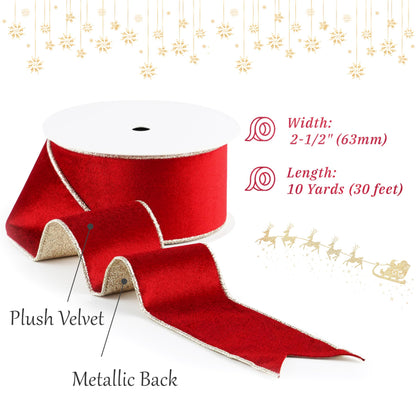 LIZLOVESS Red Velvet Wired Ribbon with Glitter Back 2.5 Inch Red and Gold Christmas Ribbon Wired Ribbon for Christmas Tree, Gift Wrapping, Mantel, Wreaths Supplies, Topper Bows (10 Yards)