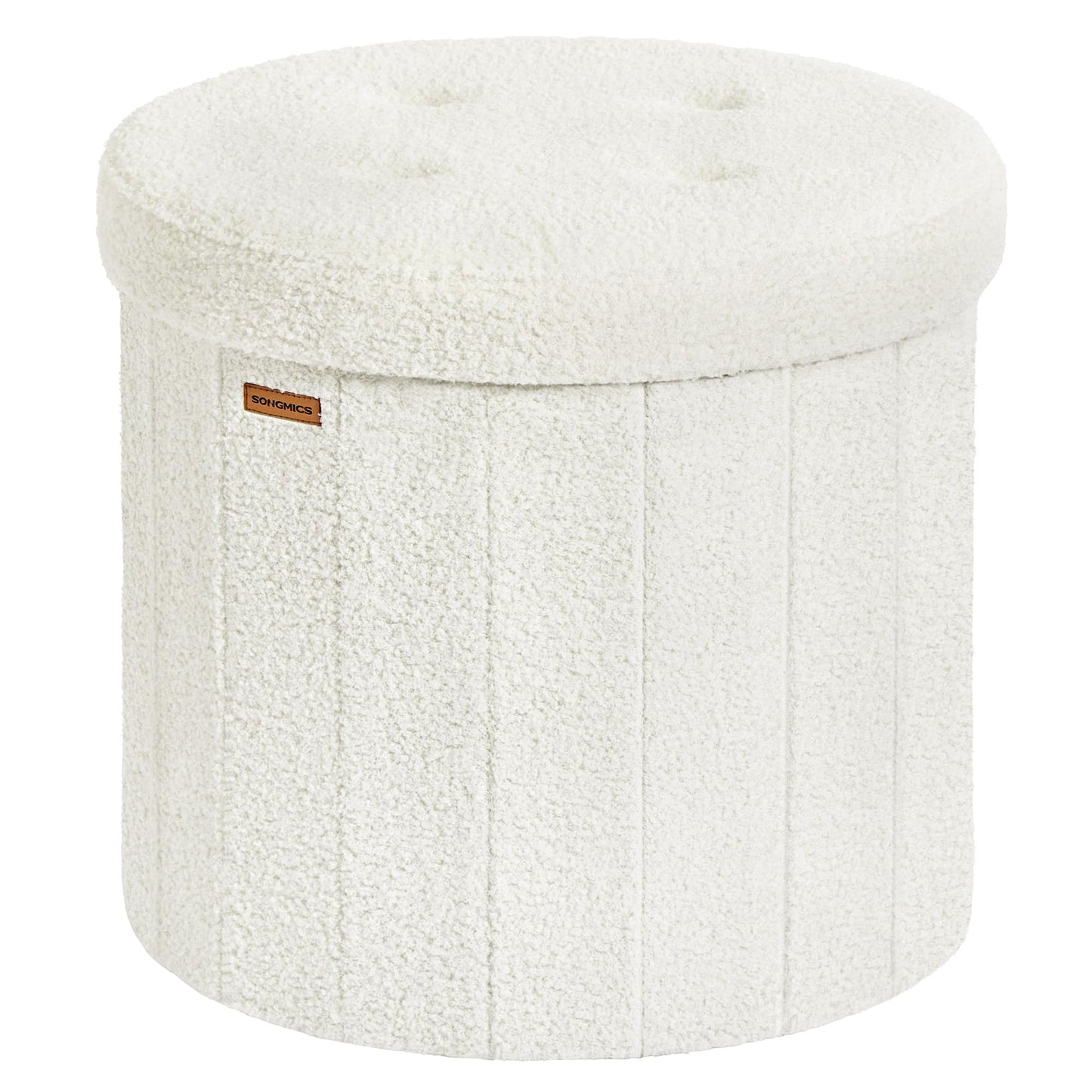 SONGMICS Mazie Collection - Round Storage Ottoman, Folding Footrest Stool with Removable Lid, Easy Assembly, Teddy Fleece Vanity Stool for Bedroom, Living Room, Entryway, Cream White ULSF606W01