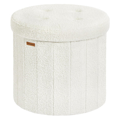 SONGMICS Mazie Collection - Round Storage Ottoman, Folding Footrest Stool with Removable Lid, Easy Assembly, Teddy Fleece Vanity Stool for Bedroom, Living Room, Entryway, Cream White ULSF606W01