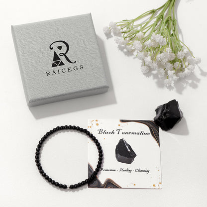 Raicegs 4MM Black Tourmaline Beaded Bracelets Healing Crystal Bracelet for Women Men Natural Stone Handmade Stretch Bracelet Reiki Spiritual Jewelry