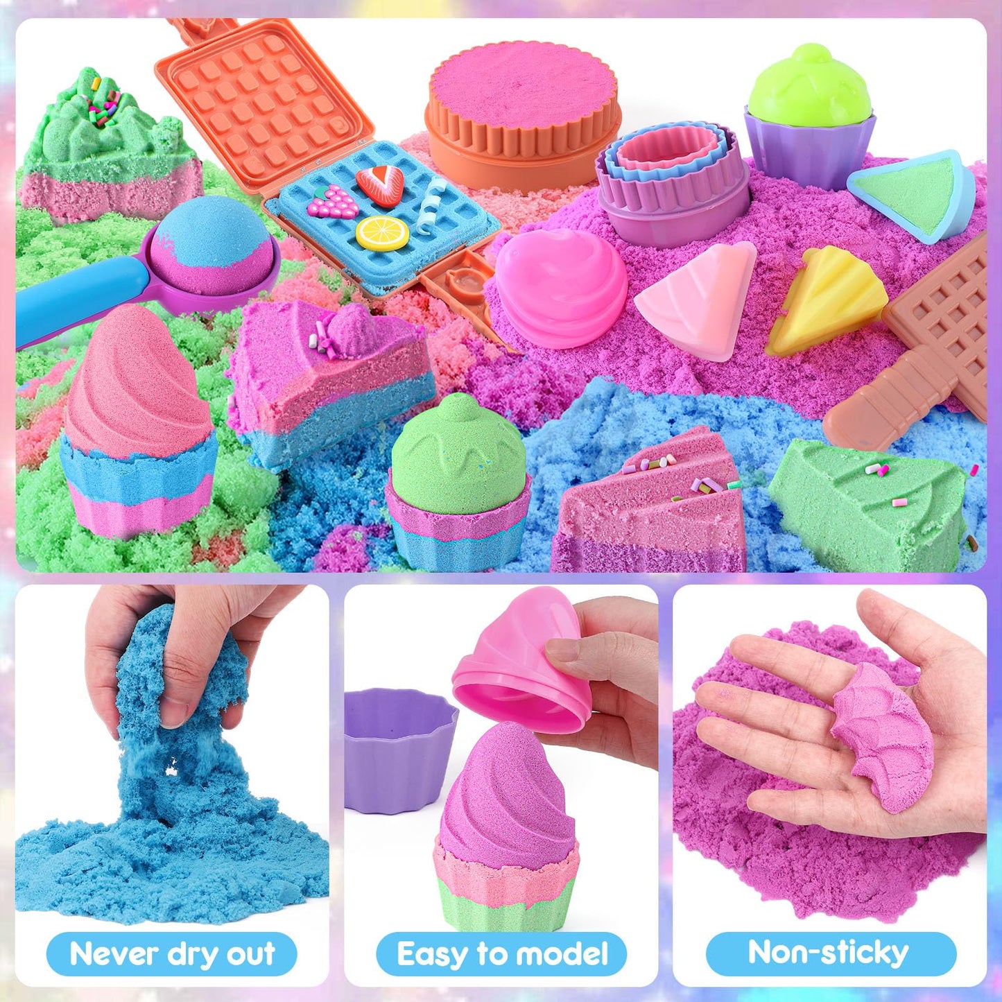 Golray Ice Cream Sensory Bin for Girls, Play Sand Art Kit with Sandbox, 2lb Magic Sand, Cake & Waffle Molds, Pretend Play Desserts Toys, Sensory Toy Set Gifts for Girl Toddlers Ages 3 4 5 6 7 8