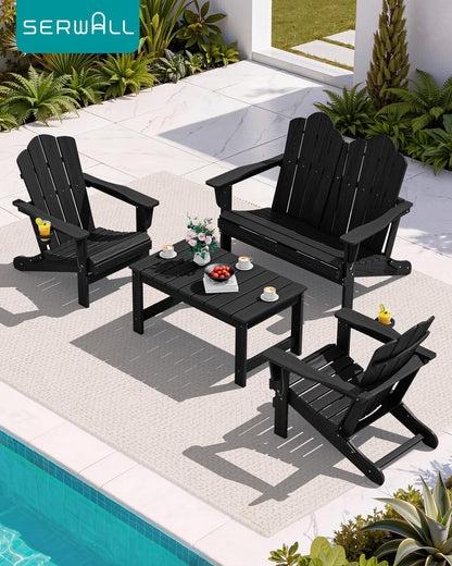 SERWALL Folding Adirondack Bench, HDPE All-Weather Adirondack Loveseat, 660 lbs Capacity, Foldable Outdoor Patio Bench for Deck, Lawn, Garden, Black