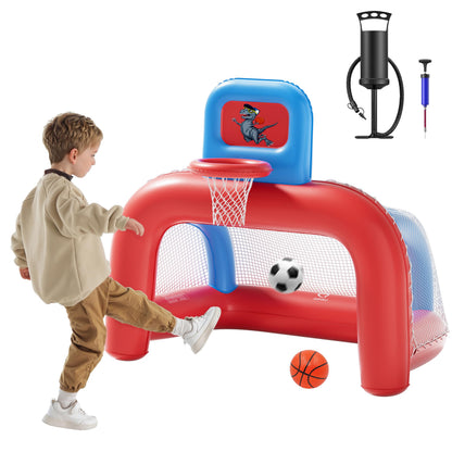 QPAU 2-in-1 Inflatable Toddler Basketball Hoop & Soccer Goal Set, Indoor Outdoor Sports Center Toys for Kids, Baby Toddlers Birthday Gift for 1 2 3 4 5 Year Old Boys Girls