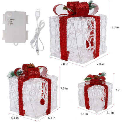 ATDAWN Set of 3 Lighted Gift Boxes Christmas Decorations, Clear Acrylic Present Boxes, Christmas Home Gift Box Decorations