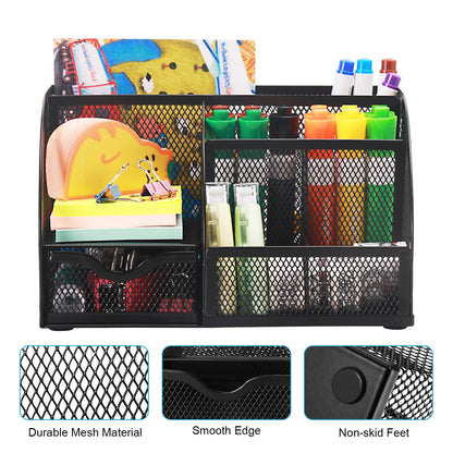 Comix Mesh Pen Pencil Holder Desk Organizer, 7 Compartment Wire Desktop Pen Pencil Cup Caddy Office Supplies for Home Office School, Black