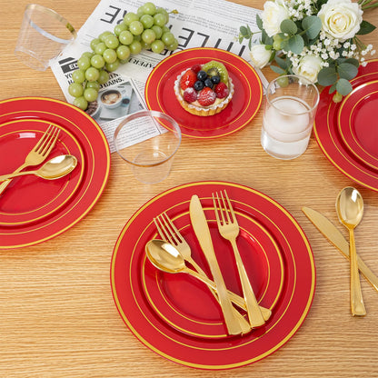 WDF Partyware 350Pieces Red Plastic Plates with Gold Rim Include 50Dinner Plate 10inch 50Dessert Plate 7inch 50 gold Cups 9 OZ, 50 Pre Rolled Napkins for Party/Baby Shower/Wedding/Spring/Mother's Day