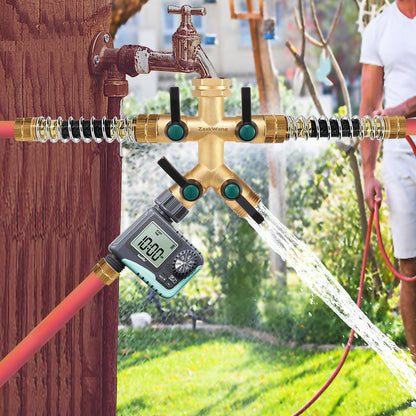 Garden Faucet Splitter, 4 Way Hose Splitter, Multi-Directional High Output Outdoor Splitter, 3/4" GHT Thickened Hex Inlet, Heavy Duty Solid Brass Spigot Adapter with Comfort Extension Handles