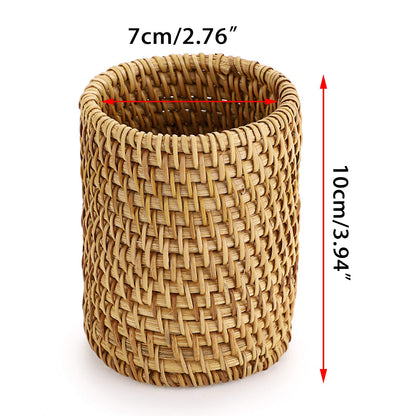 BTSKY Rattan Pen Cup, Handmade Desk Pencil Holders Makeup Brush Holder Multi-Functional Woven Basket Office&Home Desktop Organizer(Cylinder)
