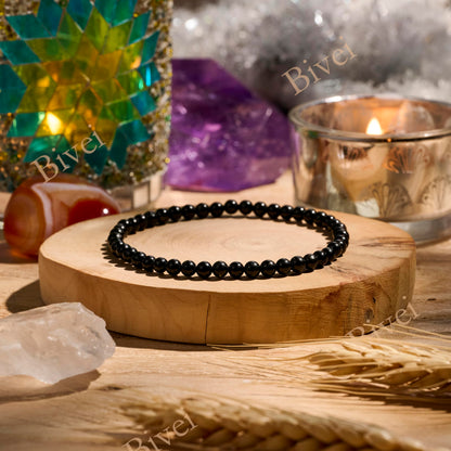 Bivei Black Onyx - Grounding - 4mm Beaded Bracelets for Women Handmade Semi Precious Natural Stone Stretch Elastic Jewelry Yoga Protection Gifts Small