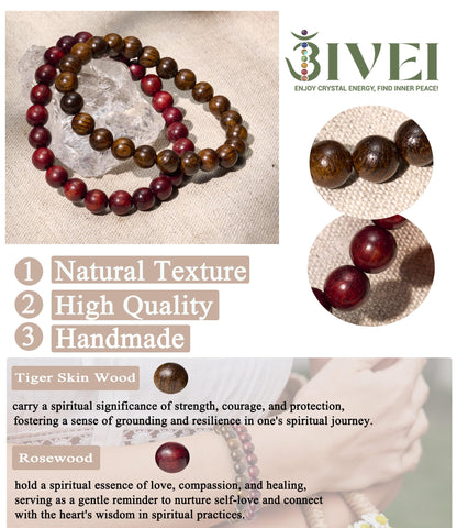 Bivei Natural Gemstone Semi Precious Crystals Handmade Stretchy Round Beads Bracelet, Enhance Positive Energy,Stocking Stuffers for Women(Tiger Skin Wood & Rosewood (Prayer Beads) Medium)