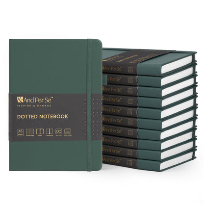 &And Per Se 10-Pack Dotted Notebooks, A5 Hardcover Dotted Journal Set, 160 Pages, 100gsm Paper, Office Supply Bulk Order, Corporate Workshop Materials – 3 Sticker Sheets Each (Green)