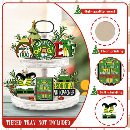 YMCAFZ 7 Pcs Christmas Green Elf Tiered Tray Decor, Funny Xmas Son of A Nutcracker Farmhouse Wood Decorations Set, Winter Holiday Rustic Wooden Decorative Signs for Home Table Shelf