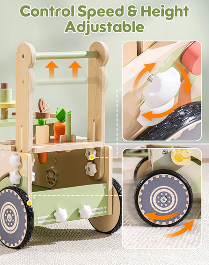 ROBOTIME Wooden Baby Walker Push Toy for Toddlers, Baby Push Walker with Wheels, Farm-Themed Activity Center for Girls & Boys, Adjustable Speed Walker for Baby Learning to Walk