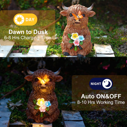 LXOUMEI Solar Highland Cow Outdoor Statue, Garden Sculpture with Lighted Butterfly & Flowers Decor, Highland Cow Figurine for Patio Yard Lawn Ornaments for Birthday