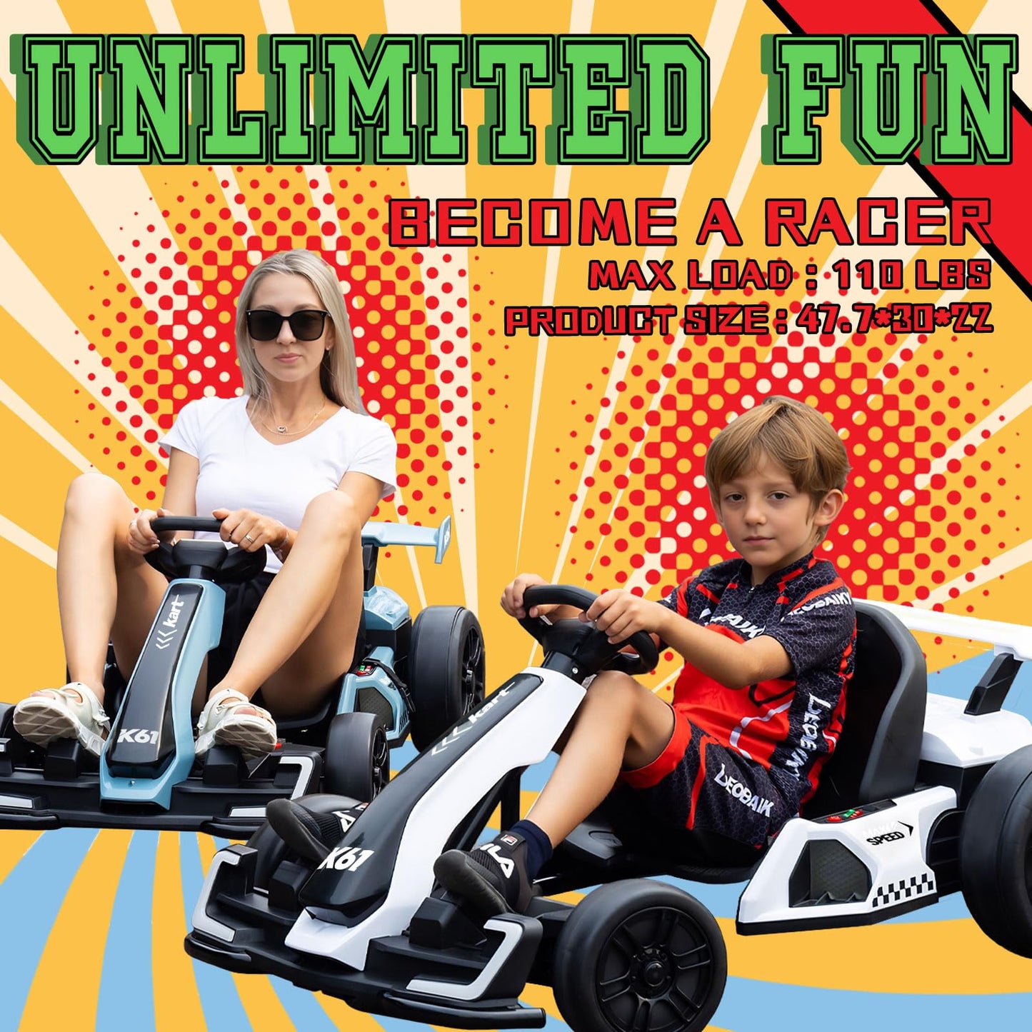 KerryYoo K61 Go Kart Electric Drift Kart with Length Adjustable Seat, 24V Outdoor Ride on Toy with 4 Speed Mode, Crazy Kart for Kids 6-12 Years Old, Fast 300W Motor, 8.5 MPH, Bluetooth - Red