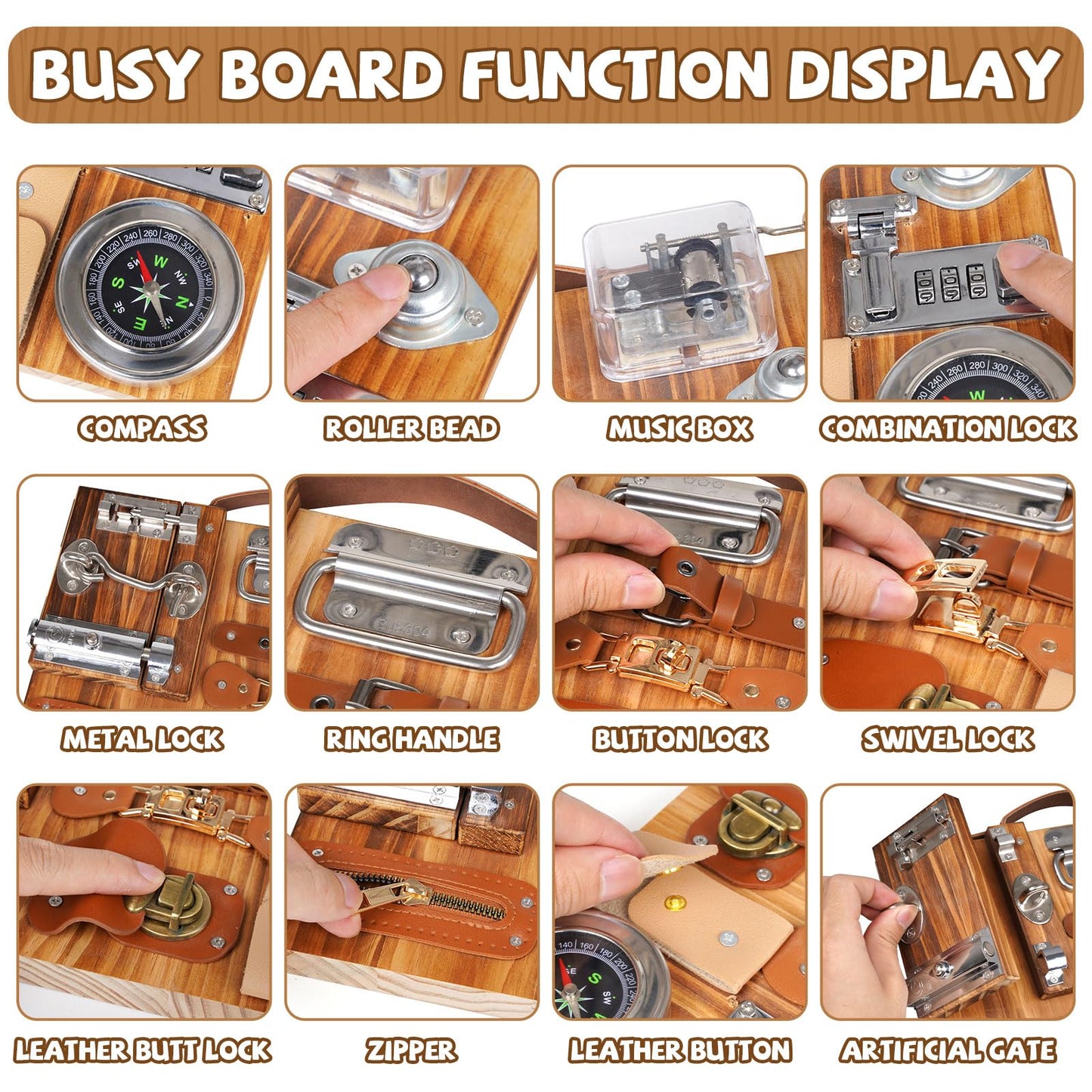 Montessori Busy Board for Toddlers Wooden Sensory Montessori Toys,Travel Toy Fidget Board Learning Activity Board for Fine Motor Skills Boys & Girls, Educational Learning Toy with Locks,Latches