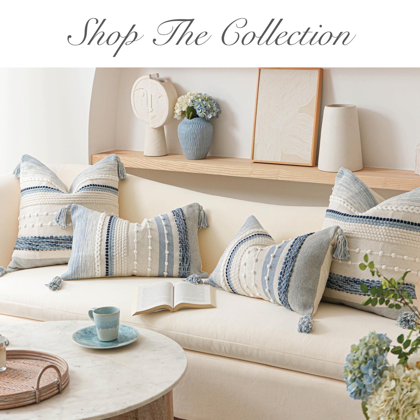 BlissBlush Decorative Lumbar Throw Pillow Cover 14x24 Boho Coastal Blue Accent Cushion for Couch Sofa Farmhouse Pillowcase for Bedroom Living Room Home Décor Cover ONLY