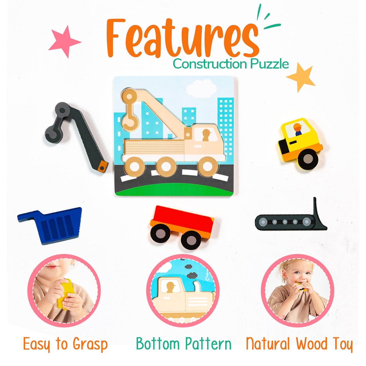 Klevly 6 PK Construction Wooden Toddler Puzzles Ages 2-4 | Wooden Puzzles for Toddlers 1-3 | Montessori Toys for 2 Year Old | Learning for 2+ Year Olds