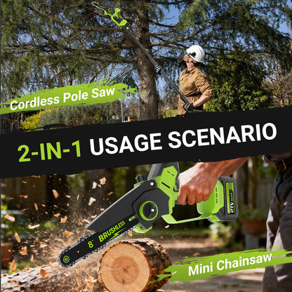 2-In-1 Cordless Electric Pole Saw for Tree Trimming, 8 Inch Chainsaw with 2 x 3000mAh Batteries, LCD Display, 15.6 FT Max Reach, 180° Adjustable Cutting Head for Tree Trimmer Limb Branch Cutter Pruner