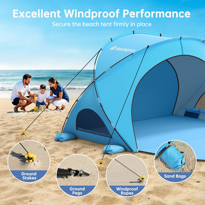 Raynesys Beach Tent Sun Shelter, Beach Shade Tent with UPF50+ UV Protection, Portable Sun Shelter for 1-3 Person, Shade Tents with 2 Zippered Doors for Sand Camping Fishing, Blue