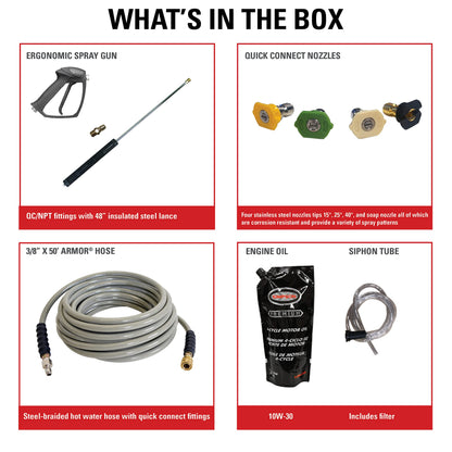 Simpson Cleaning 4000 PSI Gas Pressure Washer, 4.0 GPM Power Washer for Hot Water Use, Honda GX390 Engine, 50-Foot Steel-Braided Insulated Hose, King Brute, 49-State (KB65133)