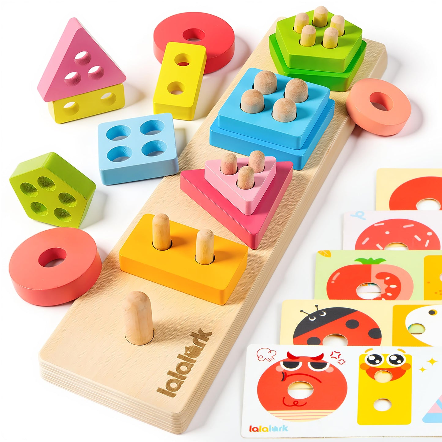 lalalark Montessori Toys for 1 2 3 Year Old, Wooden Sorting & Stacking Toys with 5 Theme Cards, Educational & Learning Sensory Sorter Toys for Toddlers，Boys Girls Easter Valentine Birthday Gifts