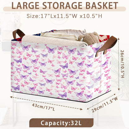 Purple Butterfly Pattern Collapsible Storage Box - 17x11.5x10.5 Inch Foldable Organizer for Closet, Toy Storage - Space-Saving Single Pack