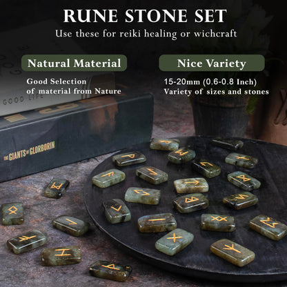 Crocon Labradorite Rectangle Shape Gemstone Rune Stones with Elder Futhark Alphabet Engraved 25 pcs Rune Set Crystal Divination Metaphysical Healing Chakra Reiki Runes Set with a Pouch Size: 21-26mm